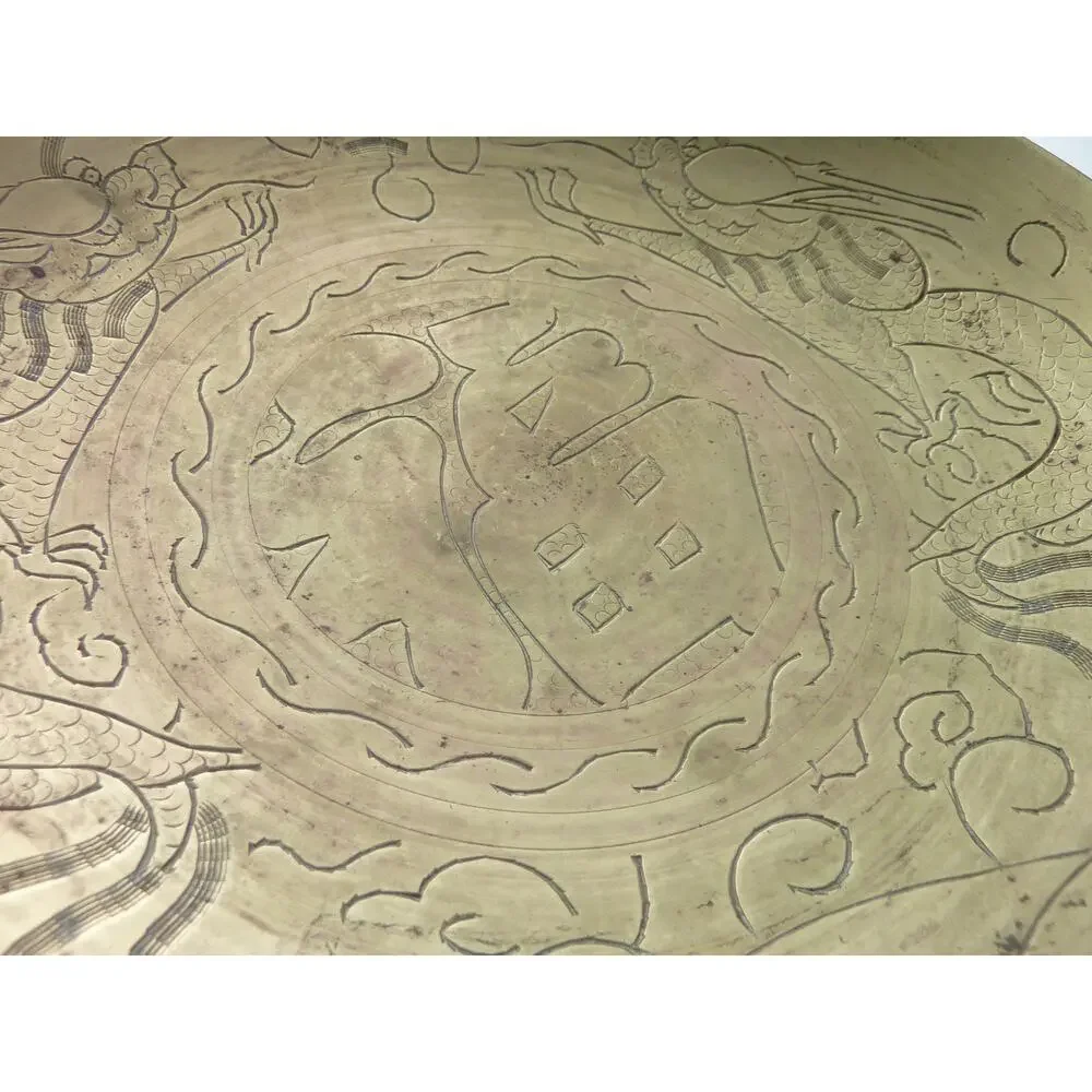 Vintage Chinese Brass Bowl Engraved Double Dragon 12